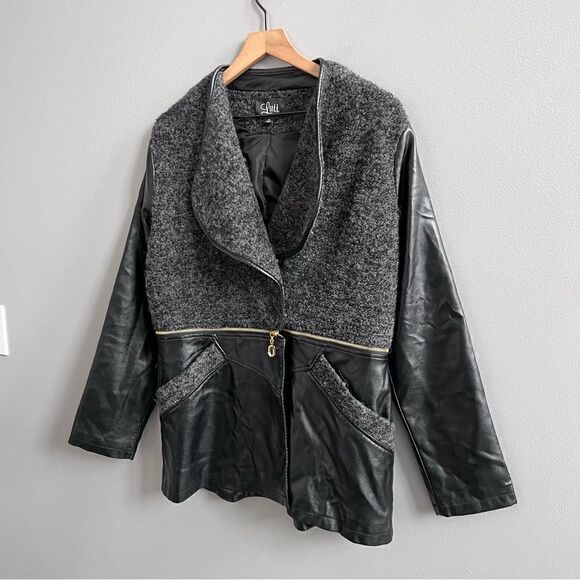 Luii Faux Leather Jacket Zipper Convertible Coat Black and Grey Boucle Size XL - Picture 5 of 16